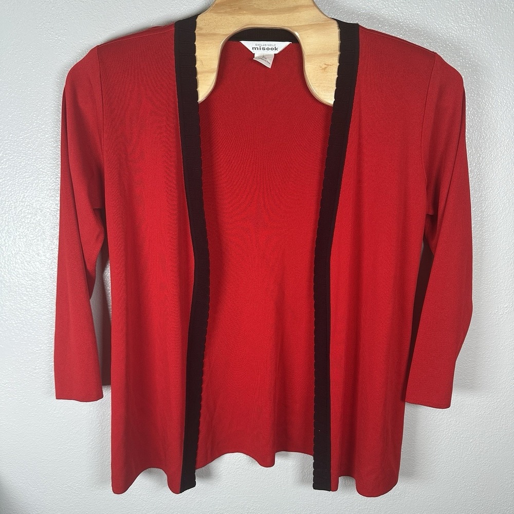 Exclusivelyβ Misook Red Open Front Cardigan Sweater Size Large Black Trim Office